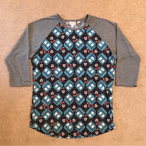 LuLaRoe Disney Randy Raglan Tee Adult Size Large Blue Grey Mickey Mouse - Picture 1 of 8